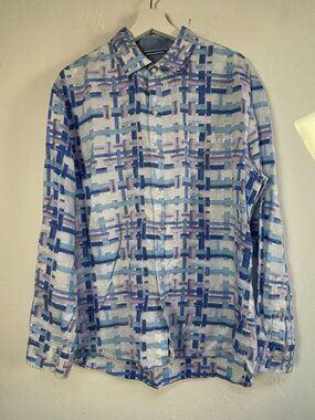 Tommy Bahama Mens Long Sleeve Button Up Linen Shirt Large Blue White Printed